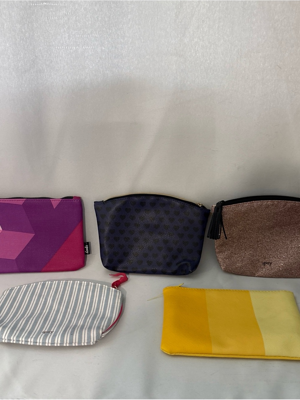 Assorted Ipsy Cosmetic Pouches - Colorful Stripe, Navy, Pink, Glitter & Yellow